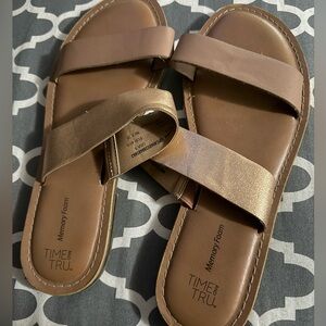 Time and Tru Tan and Metallic Brown Double-Strap Memory Foam Slides
